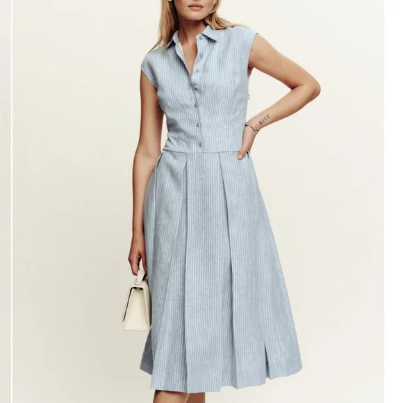 NEW Reformation Prim Linen Midi Dress - Blue White Stripes Casual - Picture 3 of 9